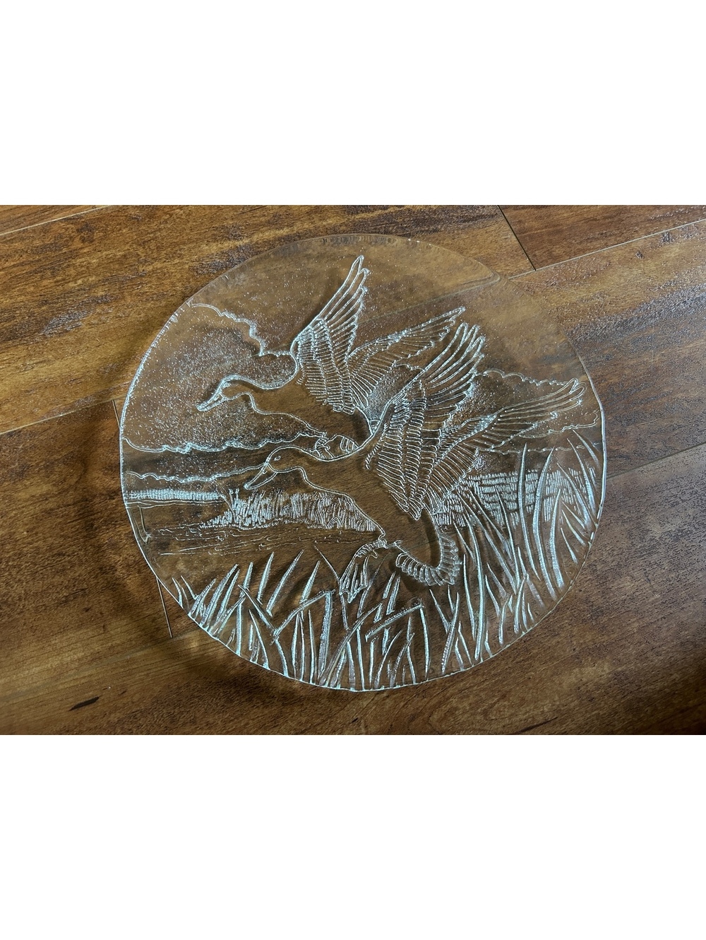 Vintage Clear Glass Plate with Flying Ducks Embossed Design